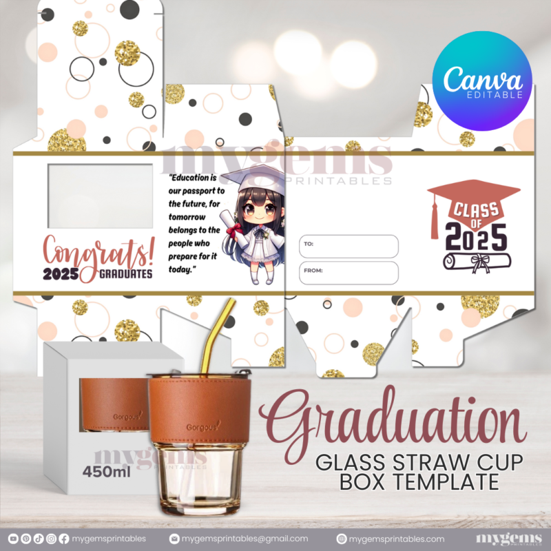 20 Designs | 2025 Graduation Themed Glass-Straw-Cup Box Template | Canva Editable | Ready to Print - Image 15