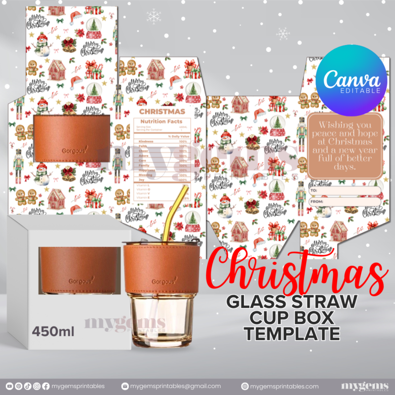 20 Designs | Christmas Themed Glass-Straw-Cup Box Template | Canva Editable | Ready to Print - Image 13