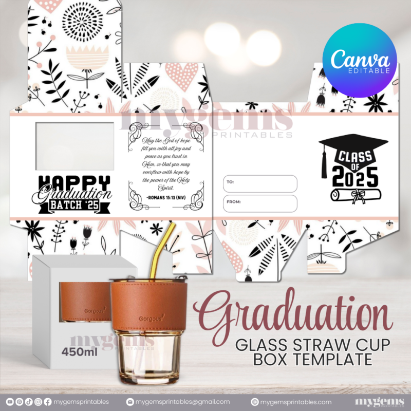 20 Designs | 2025 Graduation Themed Glass-Straw-Cup Box Template | Canva Editable | Ready to Print - Image 16