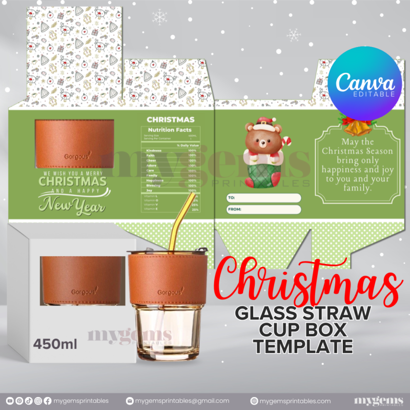 20 Designs | Christmas Themed Glass-Straw-Cup Box Template | Canva Editable | Ready to Print - Image 12