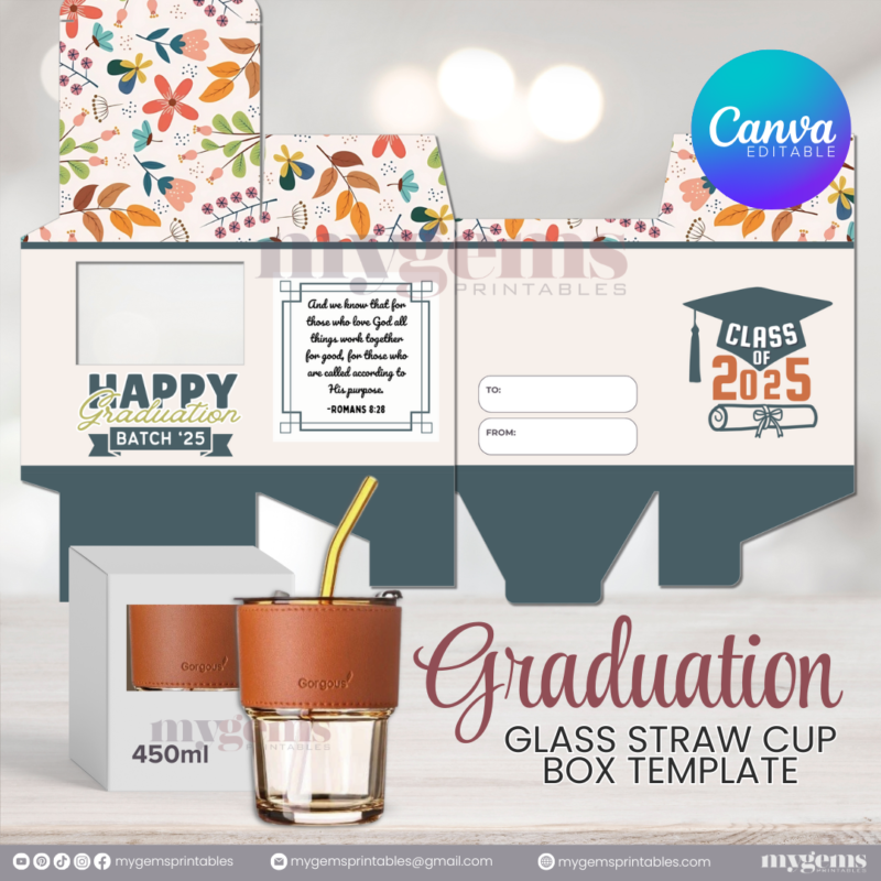 20 Designs | 2025 Graduation Themed Glass-Straw-Cup Box Template | Canva Editable | Ready to Print - Image 9