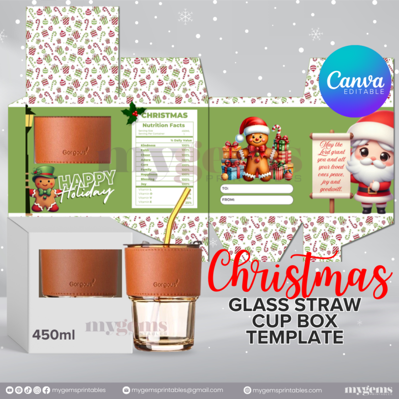 20 Designs | Christmas Themed Glass-Straw-Cup Box Template | Canva Editable | Ready to Print - Image 11