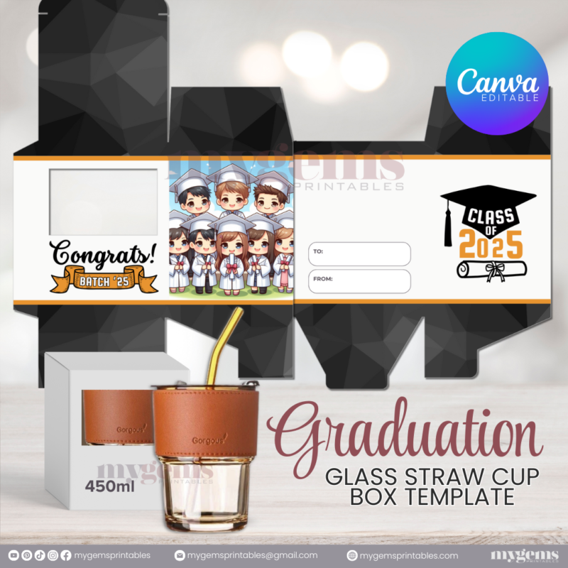 20 Designs | 2025 Graduation Themed Glass-Straw-Cup Box Template | Canva Editable | Ready to Print - Image 17