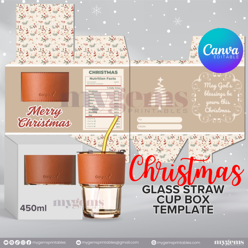20 Designs | Christmas Themed Glass-Straw-Cup Box Template | Canva Editable | Ready to Print - Image 3