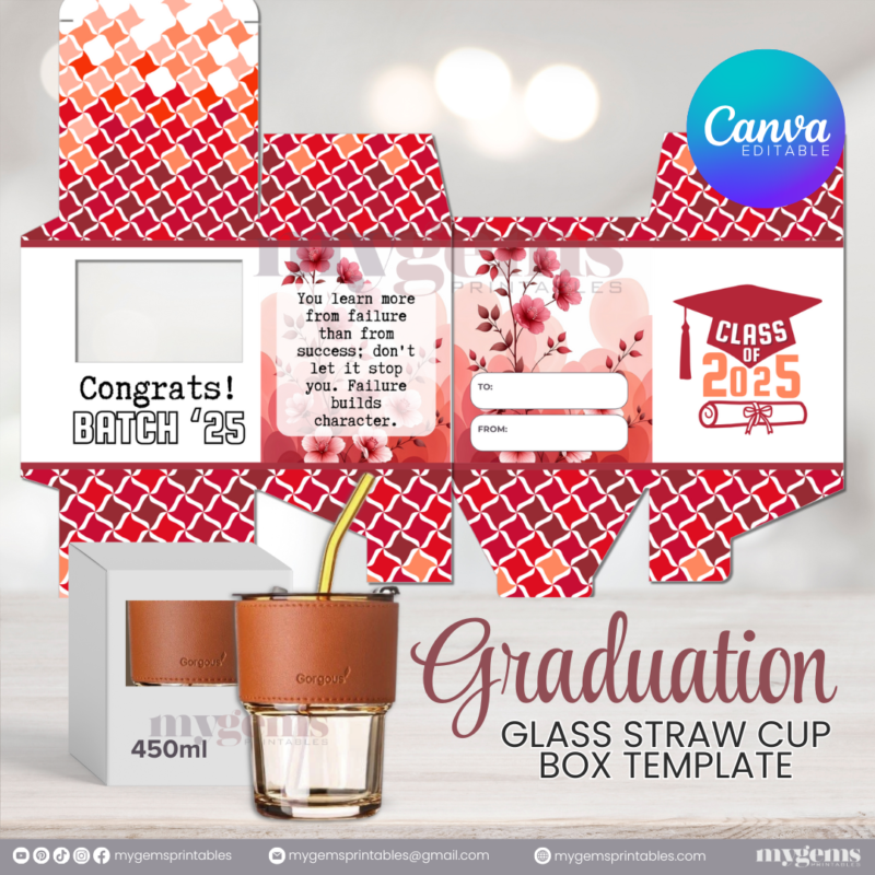 20 Designs | 2025 Graduation Themed Glass-Straw-Cup Box Template | Canva Editable | Ready to Print - Image 18