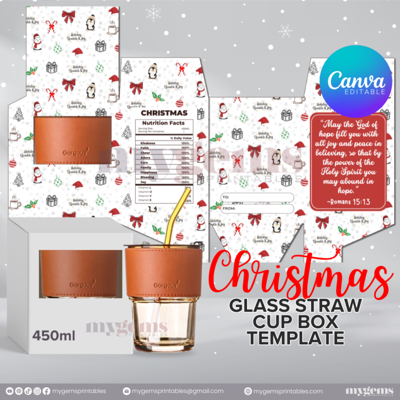 20 Designs | Christmas Themed Glass-Straw-Cup Box Template | Canva Editable | Ready to Print - Image 2