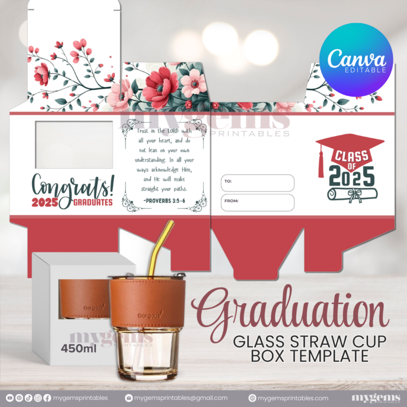 20 Designs | 2025 Graduation Themed Glass-Straw-Cup Box Template | Canva Editable | Ready to Print - Image 10