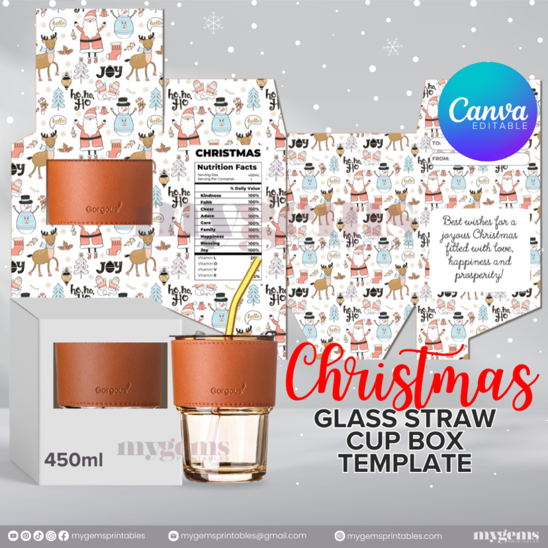 20 Designs | Christmas Themed Glass-Straw-Cup Box Template | Canva Editable | Ready to Print - Image 10