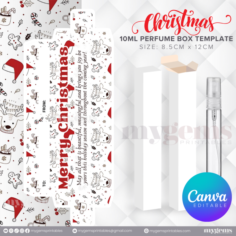 30 Designs | Christmas Themed 10ML Perfume Box Template | Canva Editable - Image 13