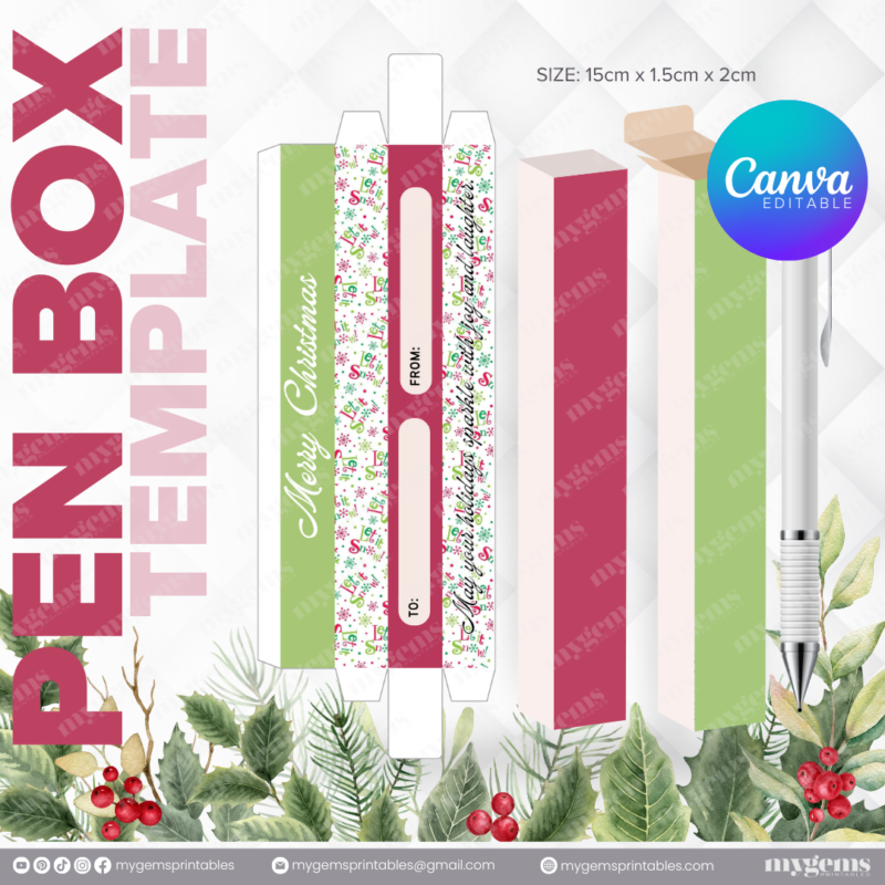 40 Designs | Christmas Themed Pen Box Template | Canva Editable - Image 3