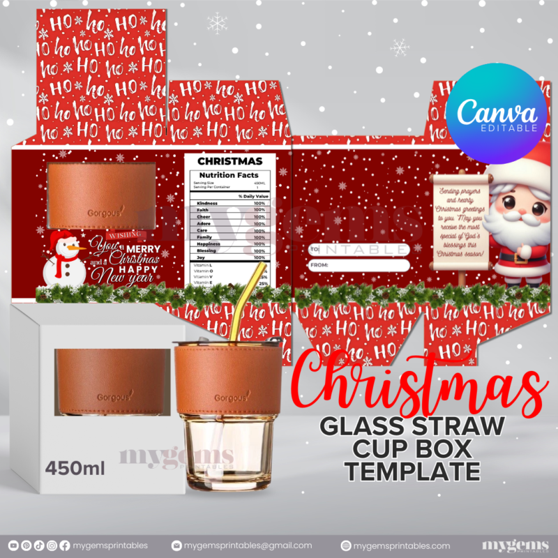 20 Designs | Christmas Themed Glass-Straw-Cup Box Template | Canva Editable | Ready to Print - Image 9