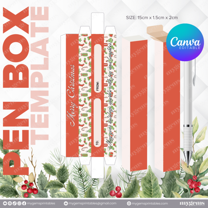 40 Designs | Christmas Themed Pen Box Template | Canva Editable - Image 6