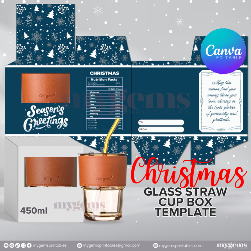 20 Designs | Christmas Themed Glass-Straw-Cup Box Template | Canva Editable | Ready to Print - Image 7