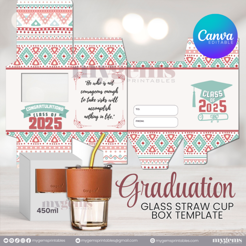 20 Designs | 2025 Graduation Themed Glass-Straw-Cup Box Template | Canva Editable | Ready to Print - Image 13