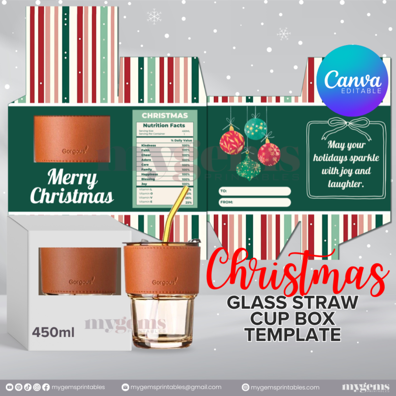 20 Designs | Christmas Themed Glass-Straw-Cup Box Template | Canva Editable | Ready to Print - Image 6