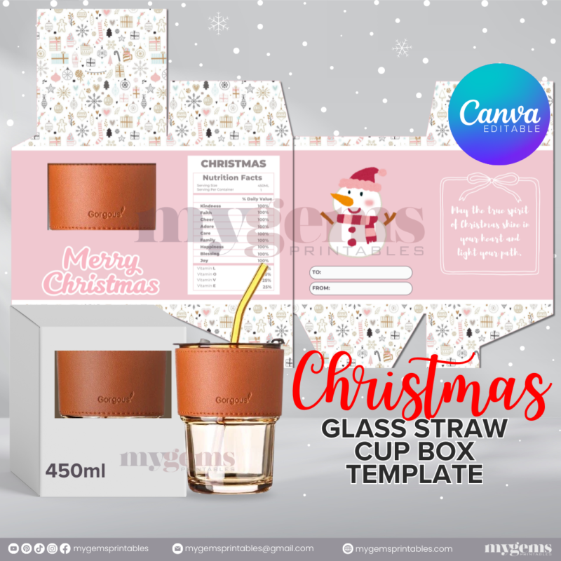 20 Designs | Christmas Themed Glass-Straw-Cup Box Template | Canva Editable | Ready to Print - Image 5