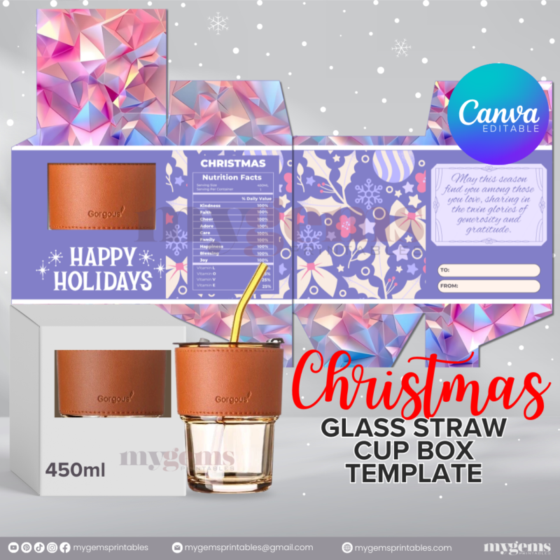 20 Designs | Christmas Themed Glass-Straw-Cup Box Template | Canva Editable | Ready to Print - Image 4