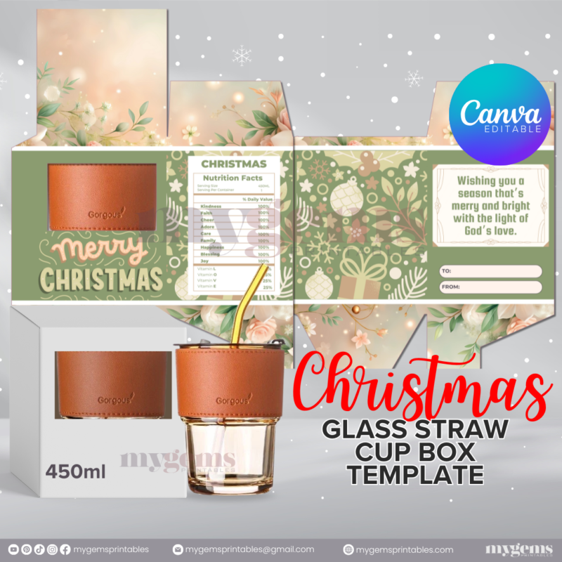 20 Designs | Christmas Themed Glass-Straw-Cup Box Template | Canva Editable | Ready to Print - Image 21