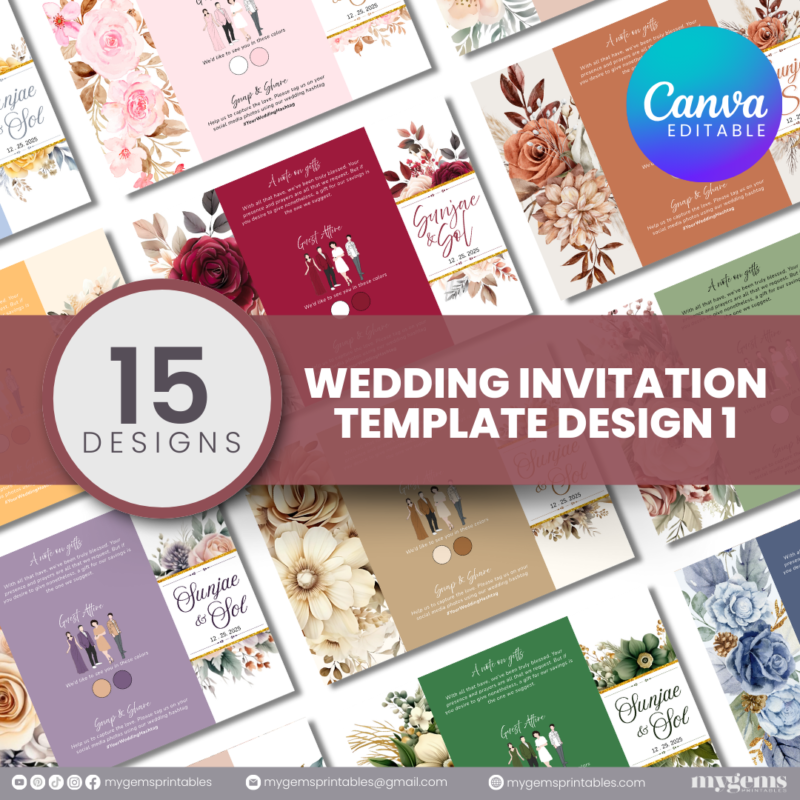 15 Designs | Wedding Invitation Design I Template | Canva PRO Editable