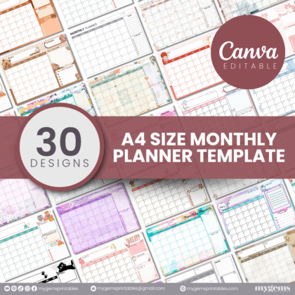 30 Designs | A4 Size Monthly Planner Template | Canva Editable