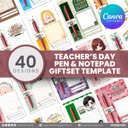 40 Designs | Teacher's Day Pen & Notepad Giftset Template | Canva Editable