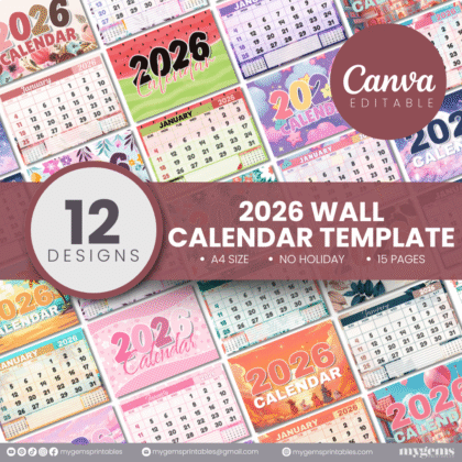 12 Designs | 2026 Wall Calendar Template (No Holiday) | Canva Editable