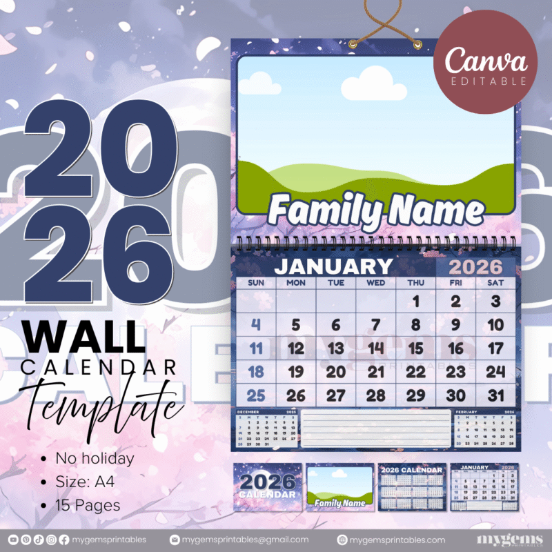 12 Designs | 2026 Wall Calendar Template (No Holiday) | Canva Editable - Image 10