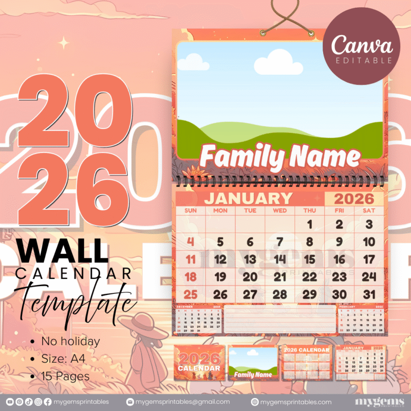 12 Designs | 2026 Wall Calendar Template (No Holiday) | Canva Editable - Image 11
