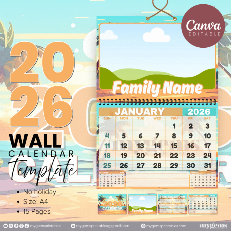 12 Designs | 2026 Wall Calendar Template (No Holiday) | Canva Editable - Image 12