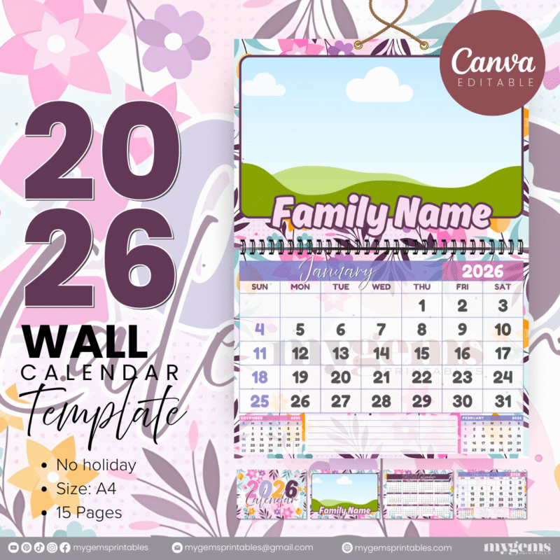 12 Designs | 2026 Wall Calendar Template (No Holiday) | Canva Editable - Image 2