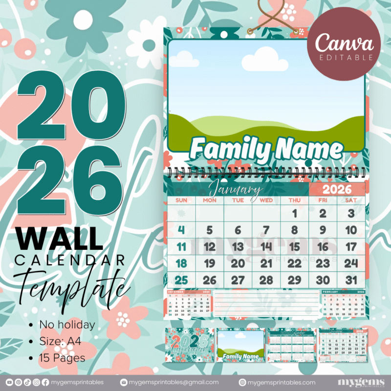 12 Designs | 2026 Wall Calendar Template (No Holiday) | Canva Editable - Image 3