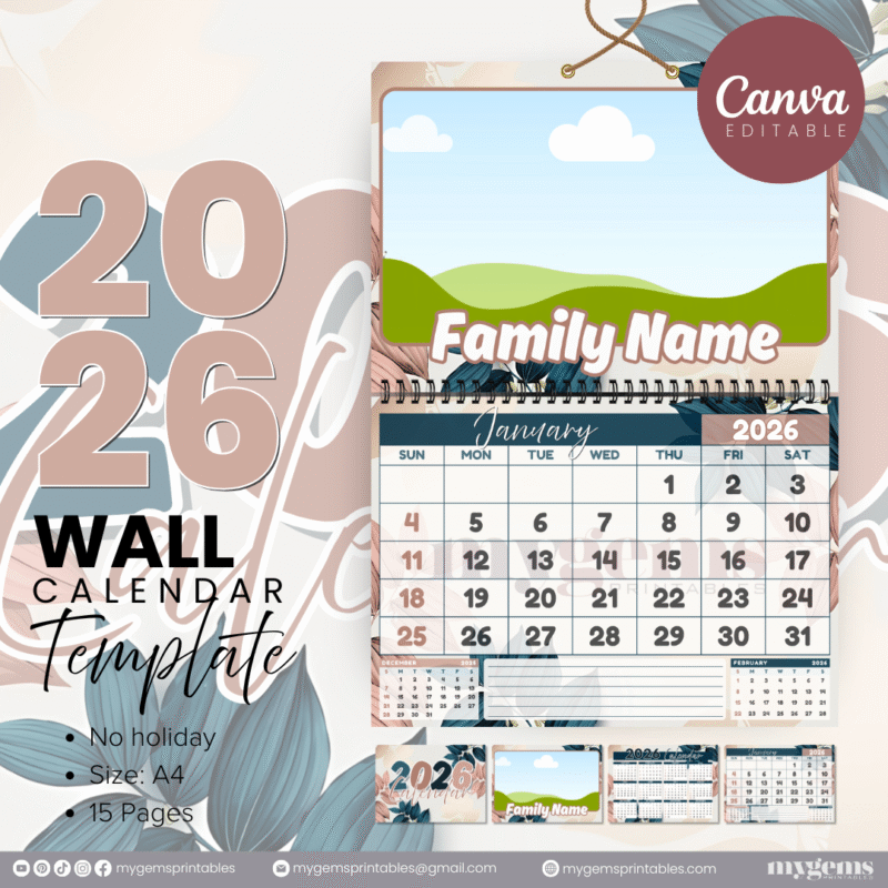12 Designs | 2026 Wall Calendar Template (No Holiday) | Canva Editable - Image 4