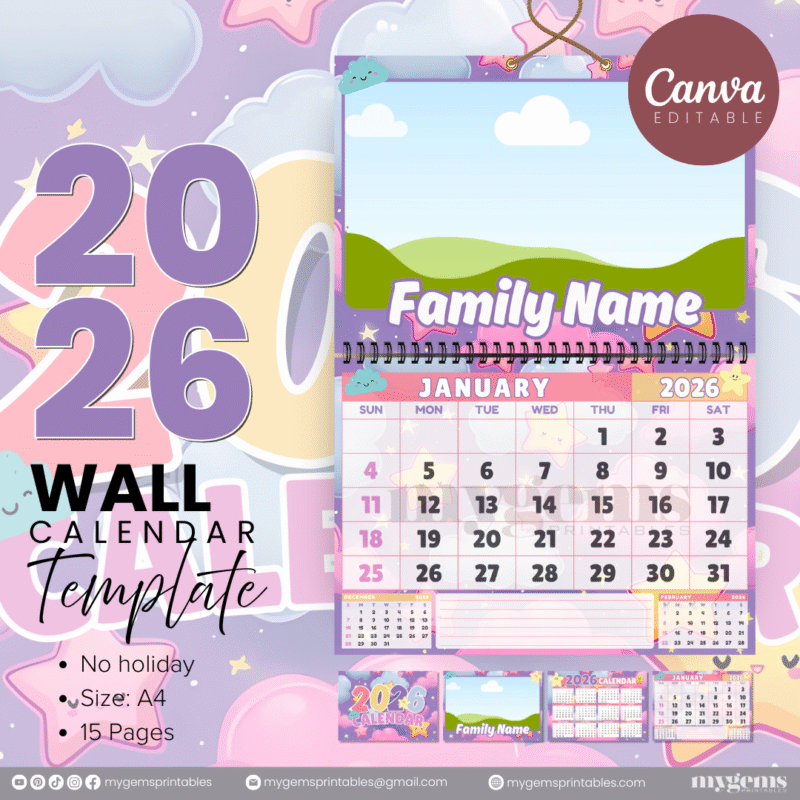 12 Designs | 2026 Wall Calendar Template (No Holiday) | Canva Editable - Image 6