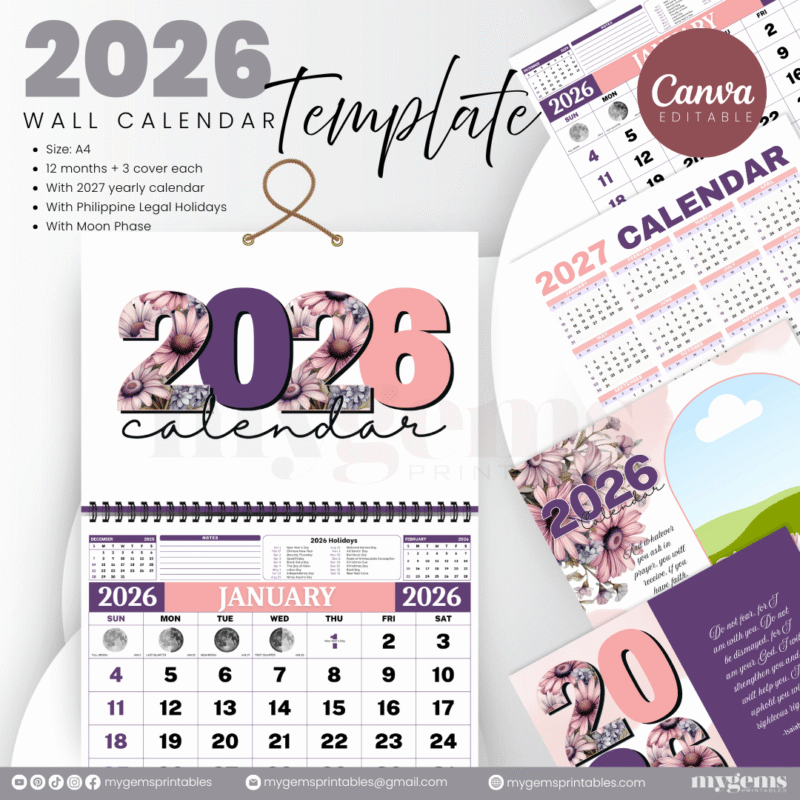 10 Designs | 2026 Wall Calendar Template (With Holiday) | Canva Editable - Image 4