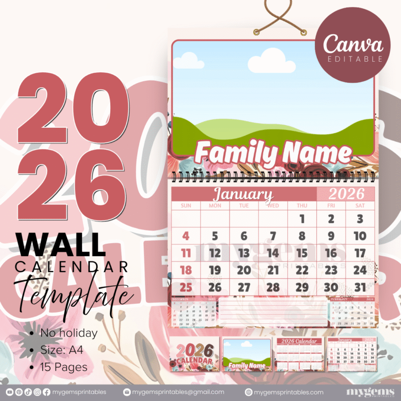12 Designs | 2026 Wall Calendar Template (No Holiday) | Canva Editable - Image 7