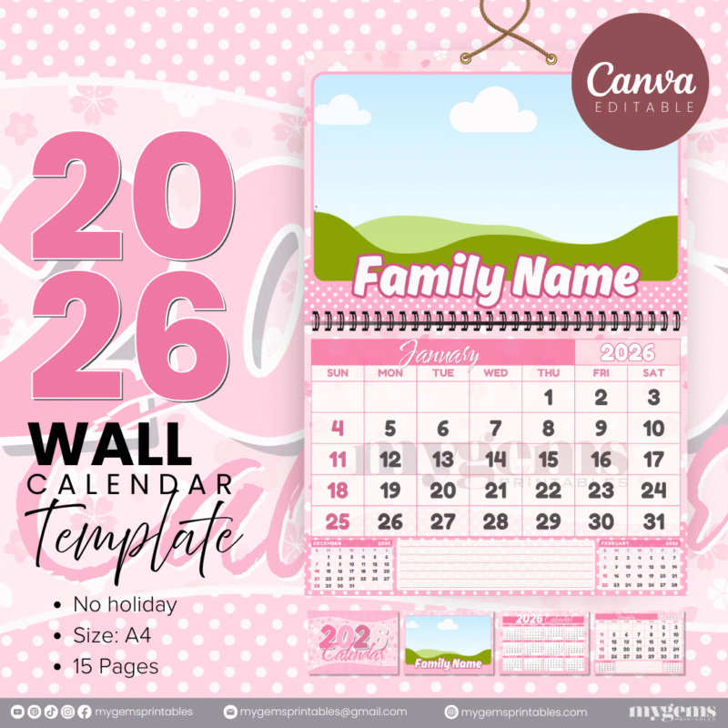 12 Designs | 2026 Wall Calendar Template (No Holiday) | Canva Editable - Image 8