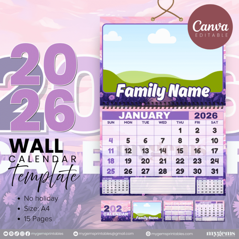 12 Designs | 2026 Wall Calendar Template (No Holiday) | Canva Editable - Image 9