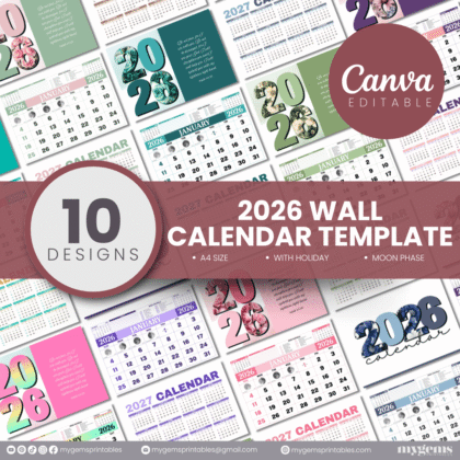 10 Designs | 2026 Wall Calendar Template (With Holiday) | Canva Editable