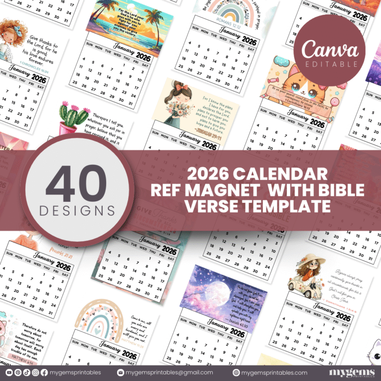 40 Designs | 2026 Calendar Ref Magnet with Bible Verse | Canva Editable