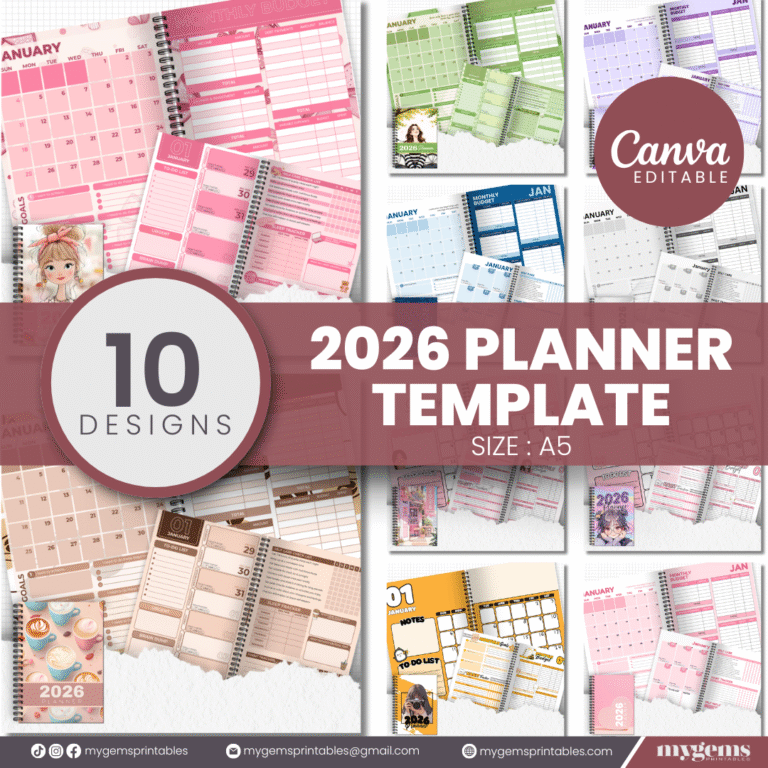 10 Designs | 2026 Planner Template (A5) | Canva Editable