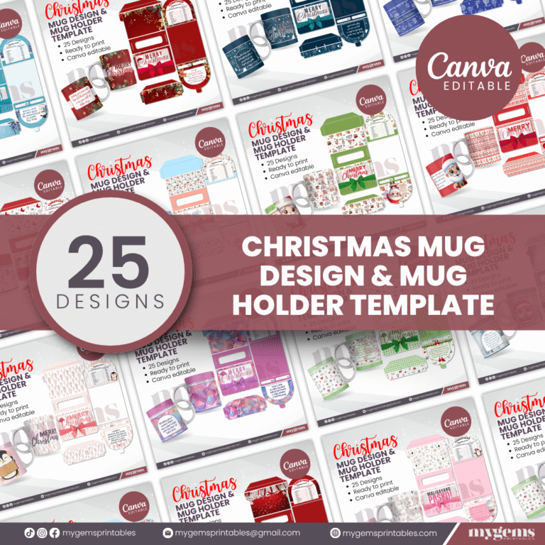 25 Designs | Christmas Themed Mug Design & Mug Holder Template Bundle  | Canva Editable