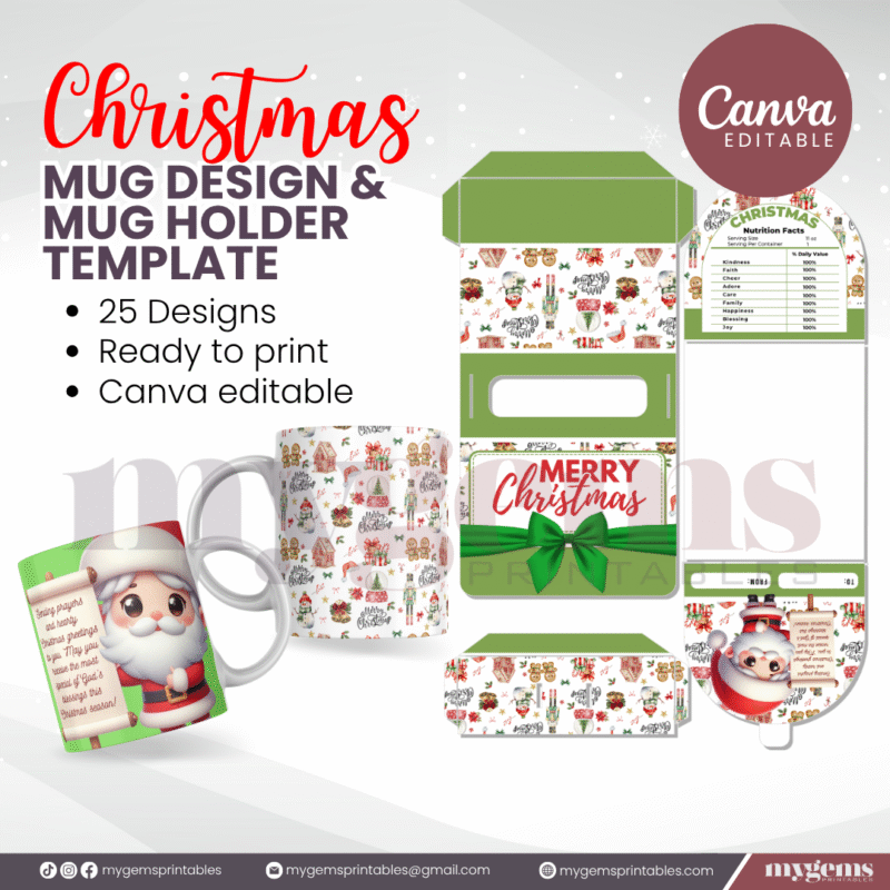 25 Designs | Christmas Themed Mug Design & Mug Holder Template Bundle  | Canva Editable - Image 7
