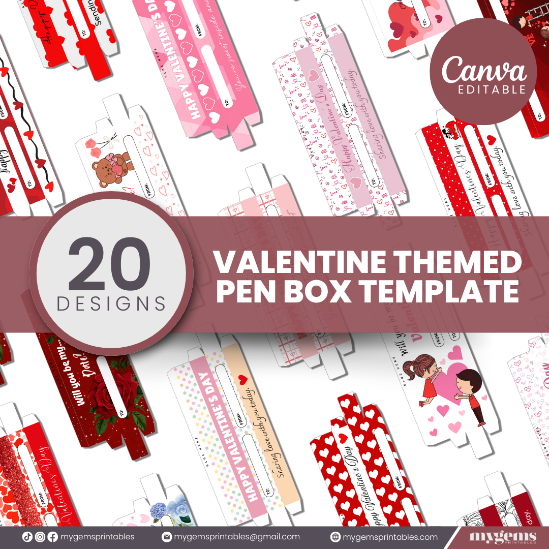 20 Designs | Valentine Themed Pen Box Template | Canva Editable | Ready to Print PDF A4 Size